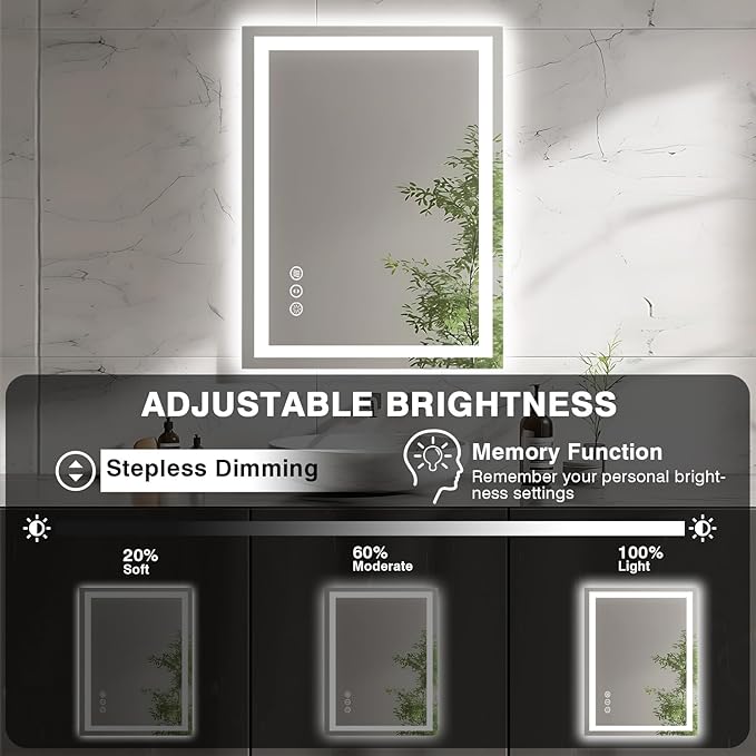 20"x28" LED Bathroom Mirrors for Wall, Front and Backlit Mirror, Anti-Fog Vanity Mirror with Lights, Stepless 3 Colors Dimmable Smart Lighted Mirror(Horizontal/Vertical)