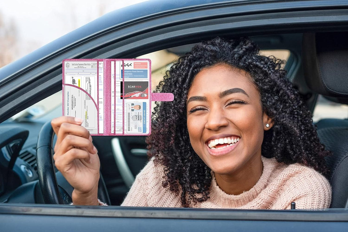 Car Registration and Insurance Holder Vehicle Glove Box Organizer Leather Car Document Holder for Driver's License, ID, Key Information Cards with Magnetic Closure, Glitter Pink