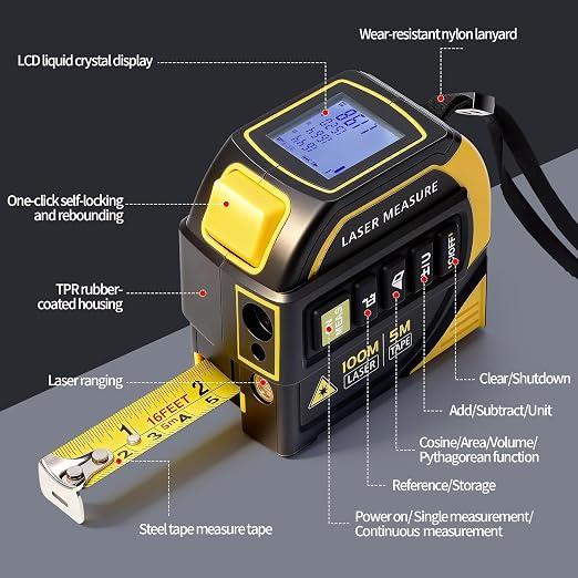 4-in-1 Digital Laser Tape Measure, 328ft Laser Distance Meter