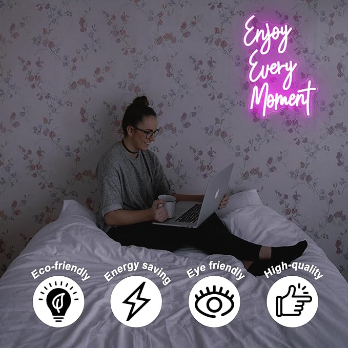 Enjoy Every Moment Neon Sign Pink Letter LED Sign Words Neon Light Up Sign Enjoy Neon Signs for Wall Decor LED Neon Lights Signs for Bedroom Bar Restaurant Salon Party Decor