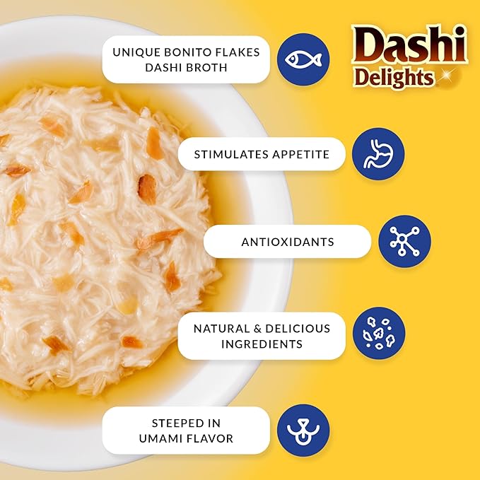 INABA Dashi Delights for Cats, Shredded Chicken with Bonito Flake Broth, 2.5 Ounce Cup, 12 Cups Total, Tuna Variety