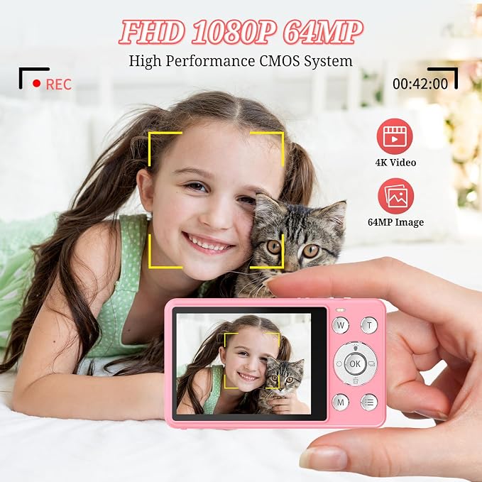 Digital Camera, FHD 4K 64MP Point and Shoot Kids Digital Camera