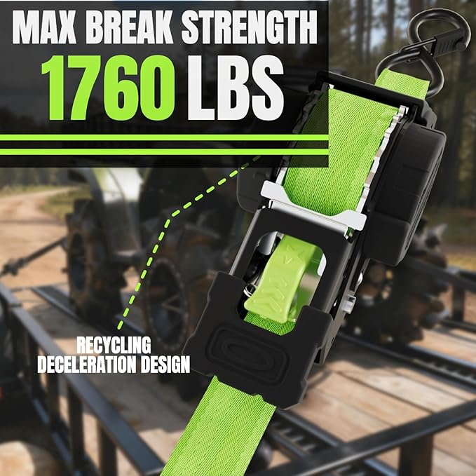 Retractable Ratchet Straps 1 Inch x 12 Feet Heavy Duty Tie Downs Auto Retract Strap 1760lb Break Strength,Self Retracting for Truck,Cargo,Trailer,Motorcycle,ATV,UTV (Fluorescent Green,2 Pack)