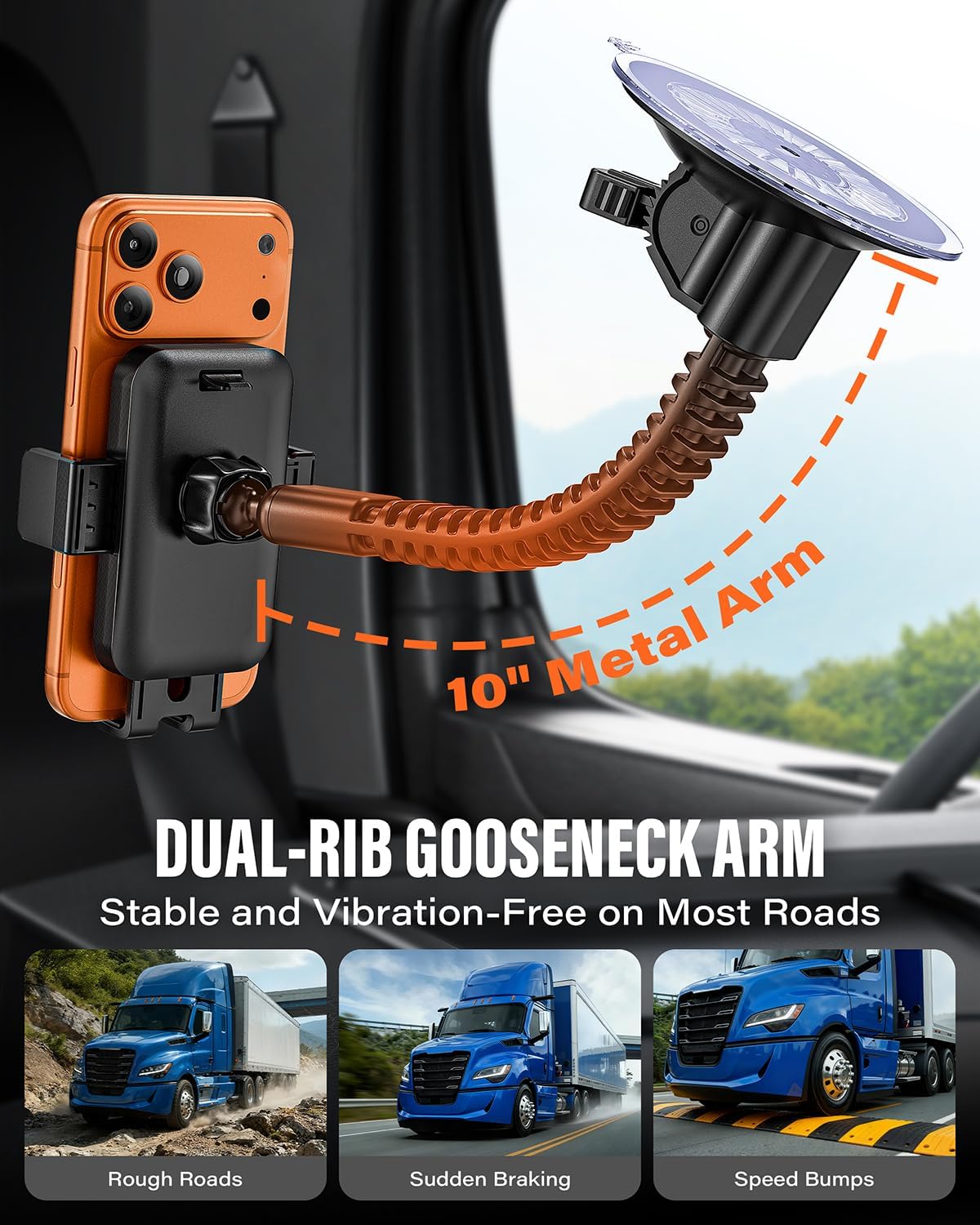 A2C Heavy Duty Truck Phone Mount, 10" Metal Long Arm Windshield Phone Mount