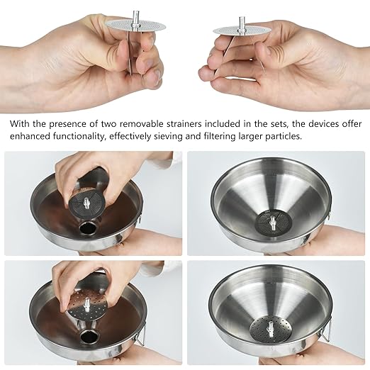 Artcome 3 Pcs Stainless Steel Kitchen Funnel Set, Food Grade 3-in-1 Metal Funnel, Ideal for Transferring of Liquid, Sauce, Jam, Particles & Powder - Dispensing Funnels with Strainers - Dish-Wash Safe