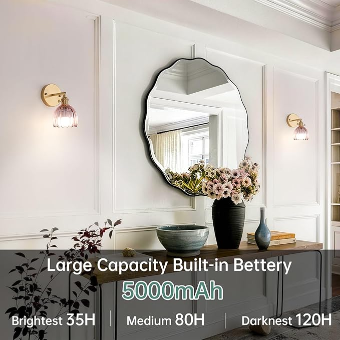 Vintage 5000 mAh Battery Operated Wall Sconce with Pink Clear Tulip Glass Lampshade Rechargeable Battery Powered Wall Light with Remote Control for Bedroom Doorway, Set of 2