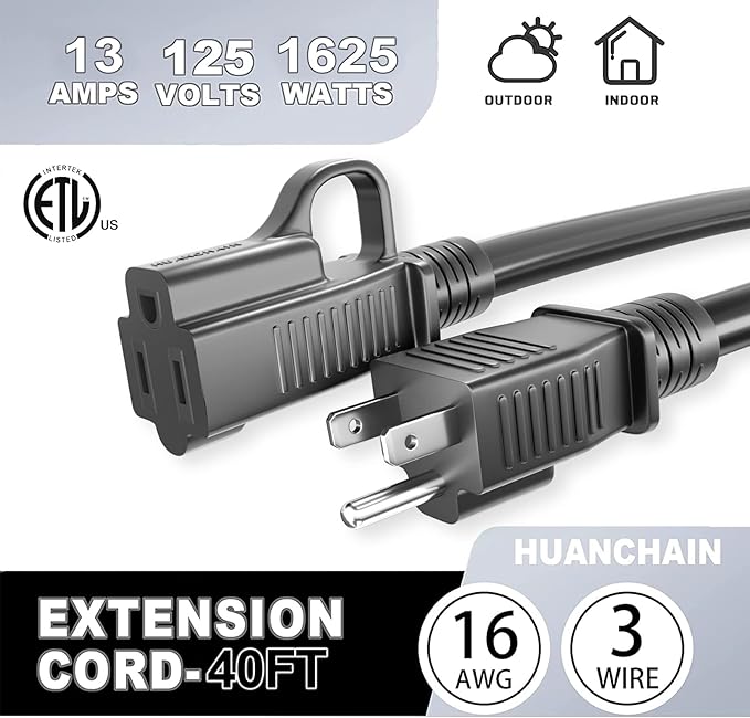 HUANCHAIN Indoor Outdoor Black Extension Cord 40 ft Waterproof, 16/3 Gauge Flexible Cold-Resistant Appliance Extension Cord Outside, 13A 1625W 16AWG SJTW, 3 Prong Electric Cord, ETL
