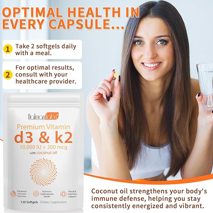 Vitamin D3 K2 Supplement Softgel, Vitamin D3 K2 Softgel with 10000 IU Supports Immune, Heart, Teeth & Bone Health, Free of GMO, Gluten, Soy