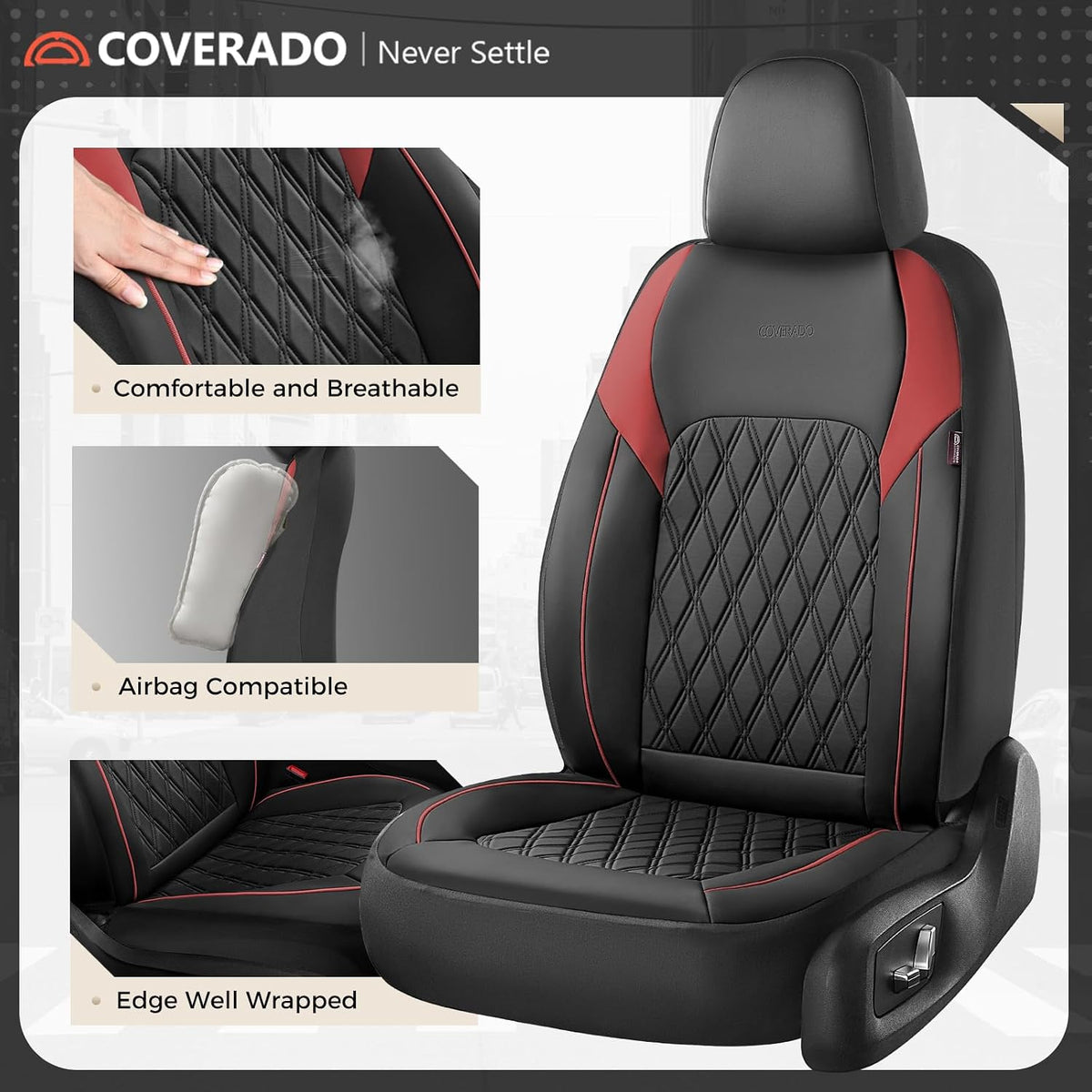 Coverado Car Seat Covers Full Set, Leather Seat Covers, Automotive Seat Covers for Cars, Car Seat Covers Front Seats Back, Car Seat Protector Car Seat Cushion Universal Fit Most Cars Trucks, Black&Red