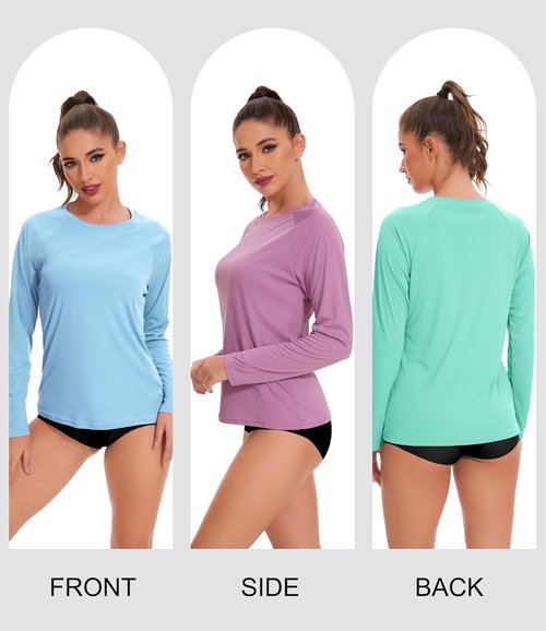 Kinglaman Rash Guard for Women - UPF 50+ Long Sleeve Swim Shirt for Sun Protection | 4 Pack