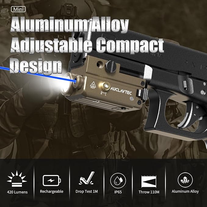 AUCLAYTEC Pistol Flashlight Blue Laser Combo 420 Lumens Pistol Light Recharge