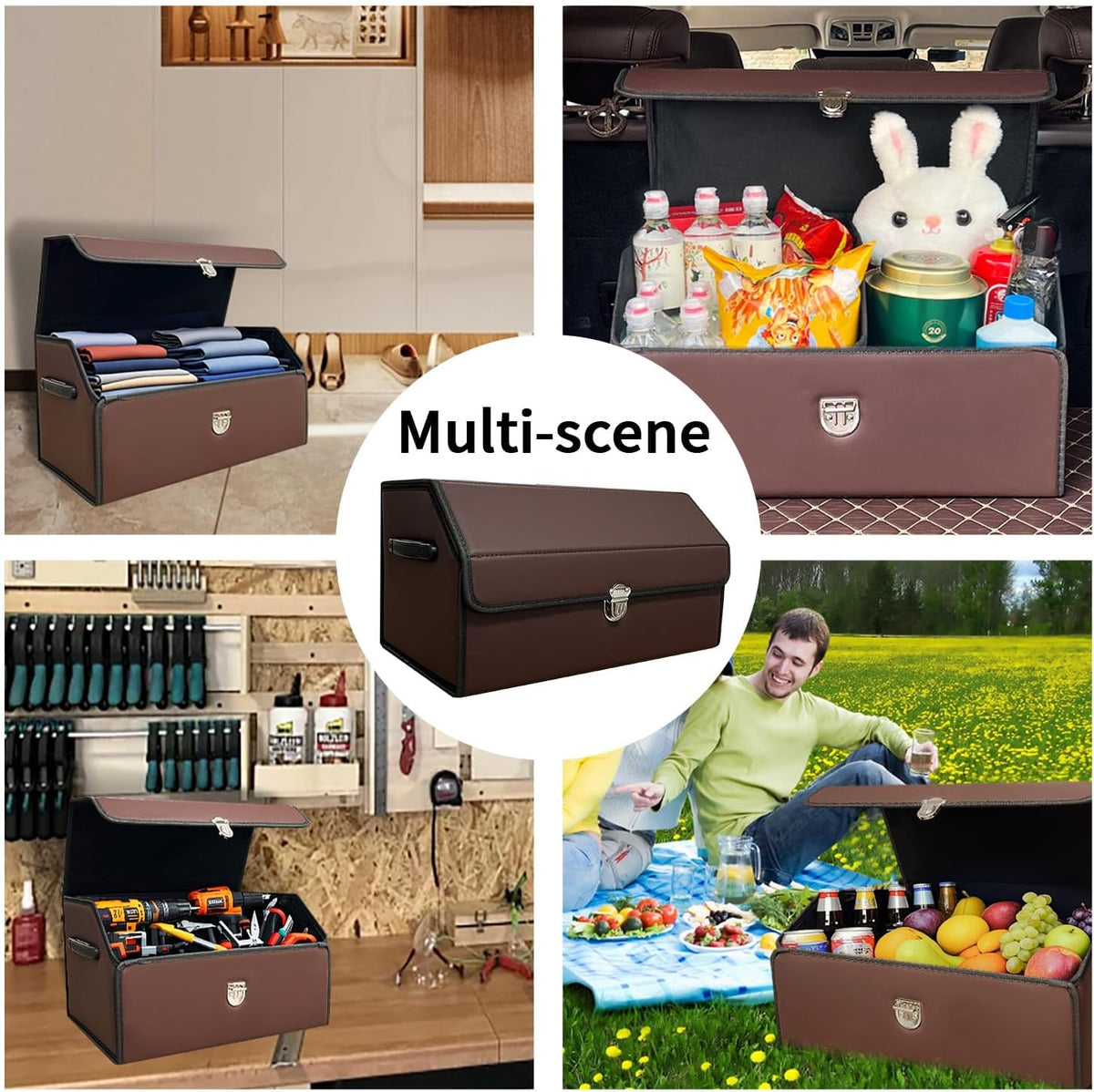 Trunk Organizer for Car With Lid,Foldable Trunk Organizer for SUVs & Sedans,Multi-Functional Leather Storage Box - Brown - Small