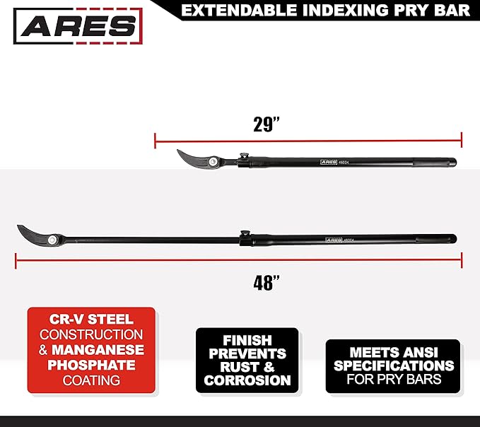ARES 46004-29-Inch to 48-Inch Extendable Indexing Pry Bar - 14-Position Adjustable Angle Head - High Strength Chrome Vanadium Steel