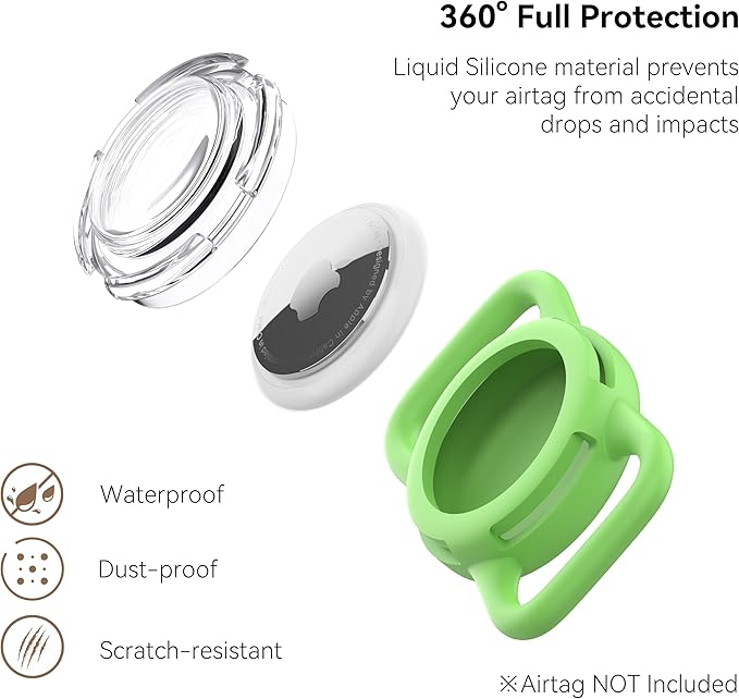 Waterproof Airtag Holder for Dog Collar, Soft Full-Body Protective Airtag Holder for Dog & Cat Collars, Ultra-Durable, Easy Installation, Lightweight Clear Airtag Case (Green, Regular)