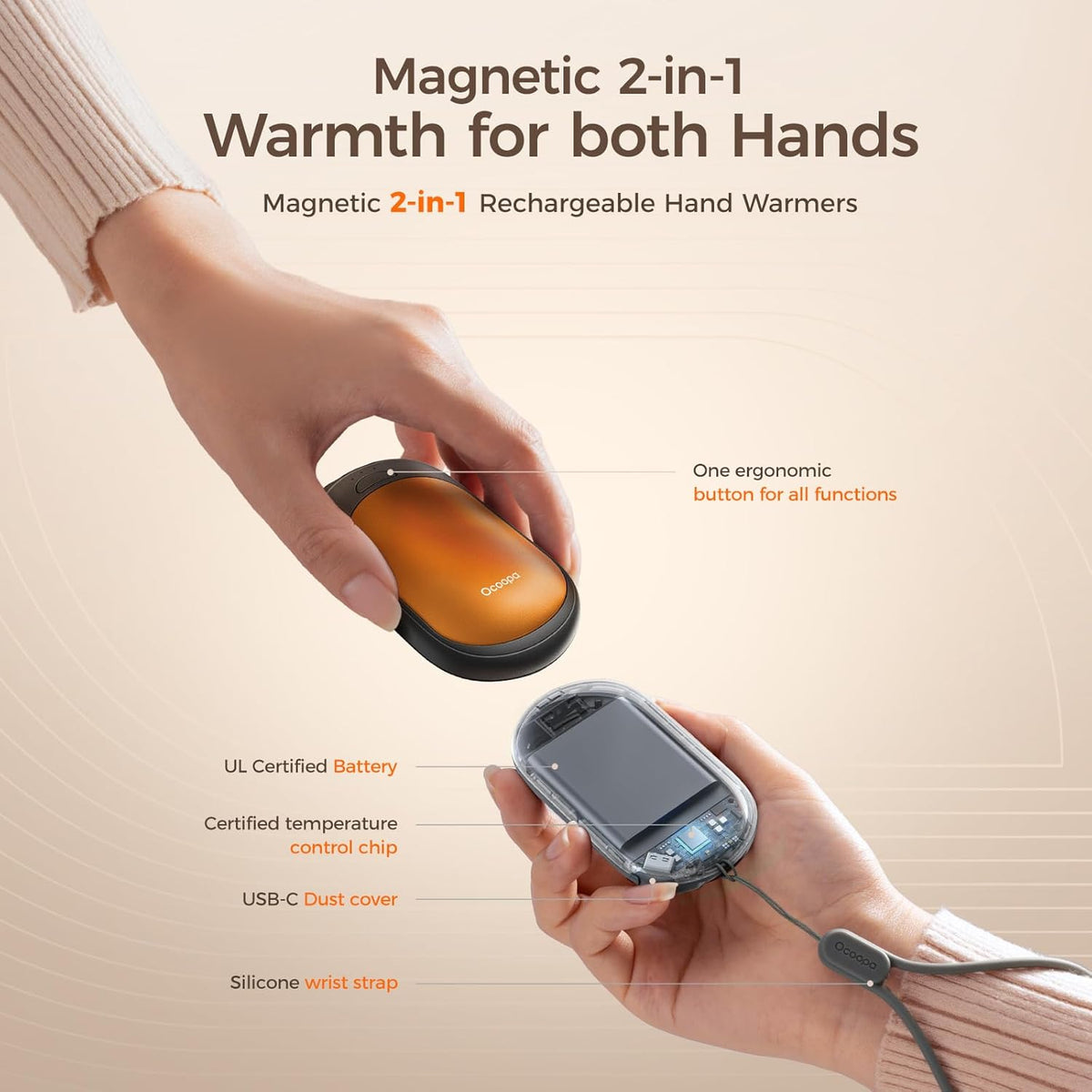 OCOOPA Rechargeable Magnetic Hand Warmers - 2 Pack with 3 Heat Settings, Pocket-Sized, Lasts Up to 8 Hours | Ideal for Outdoor Activities and Gifts