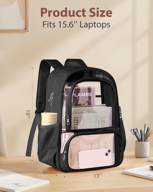 KIMNERPU Clear Backpack - Heavy Duty Transparent Bookbag with Reinforced Straps | Large Capacity, X-Large Black