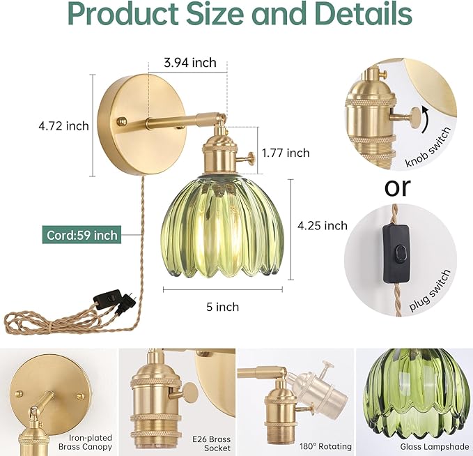 Plug in Wall Sconce, Green Tulip Glass Lampshade Wall Light Plugin Corded for Bedside Bedroom Doorway, 2 Pack