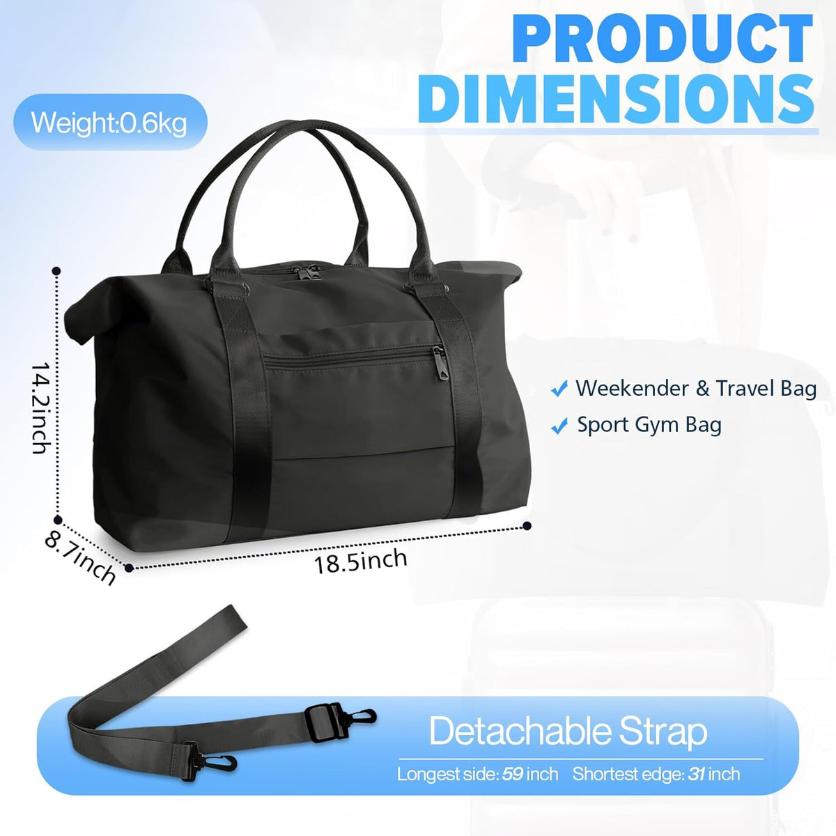 Skiennix Travel Duffle Bag - Versatile Weekender & Gym Bag with Trolley Sleeve | Black