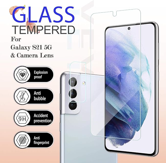 Galaxy S21 HD Clear Tempered Glass Screen Protector + Camera Lens Protectors