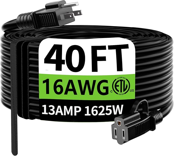 HUANCHAIN Indoor Outdoor Black Extension Cord 40 ft Waterproof, 16/3 Gauge Flexible Cold-Resistant Appliance Extension Cord Outside, 13A 1625W 16AWG SJTW, 3 Prong Electric Cord, ETL