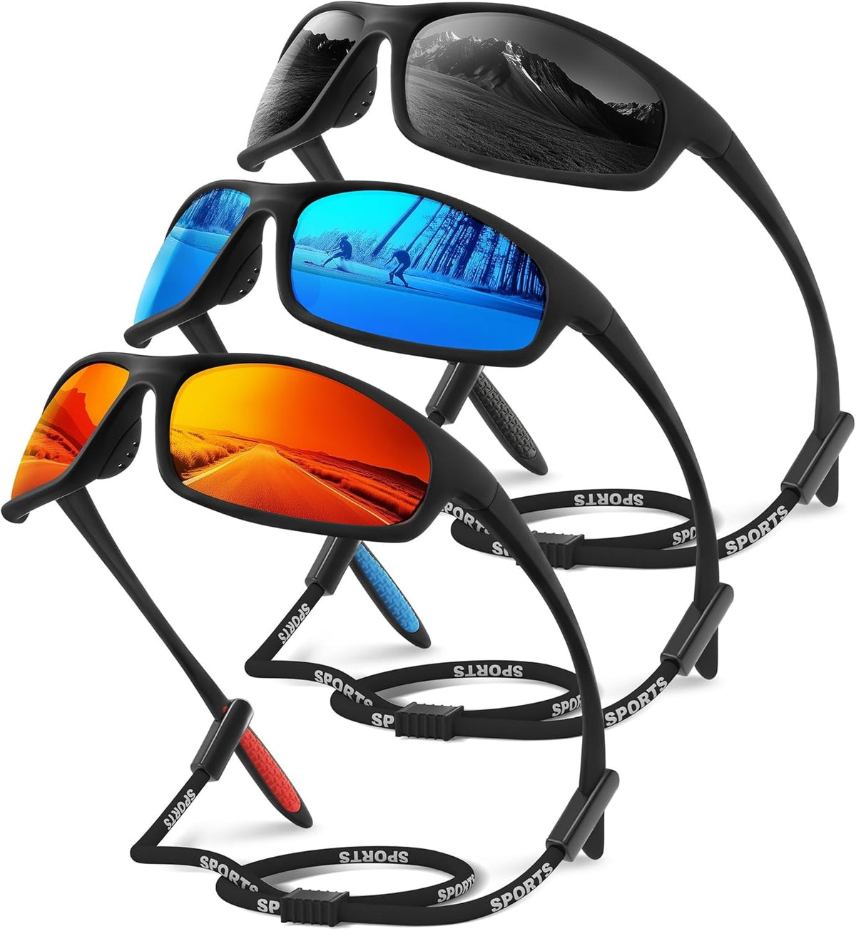 Skiennix Polarized Sports Sunglasses - UV Protection Wraparound Design for Running, Cycling, Fishing | 3 Pack