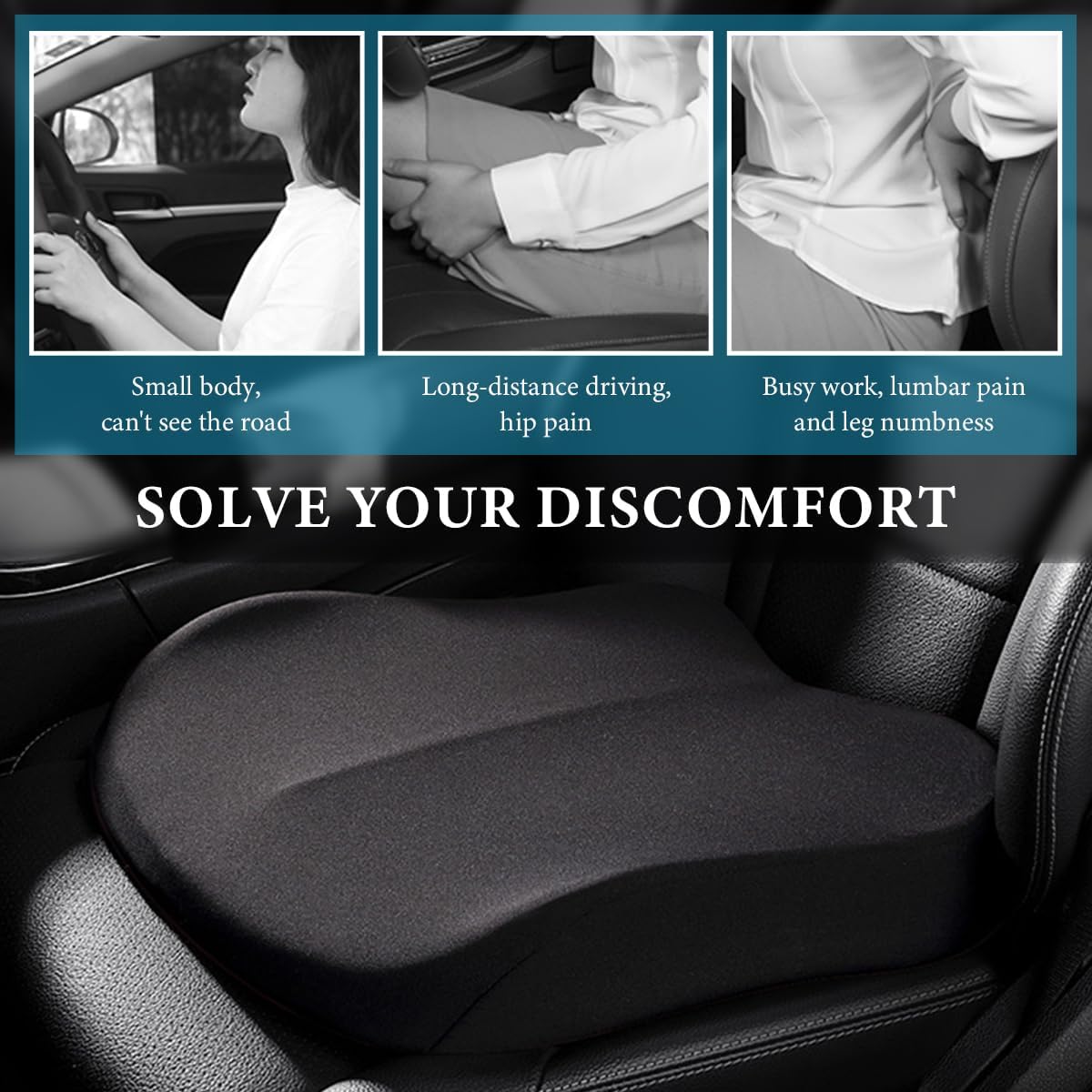 Car Seat Cushion, Comfort Ergonomic Memory Foam Seat Cushion for Tailbone Back Pain Relief, Breathable Car Cushion Suitable for Short People Driver to Get Better View (Black)