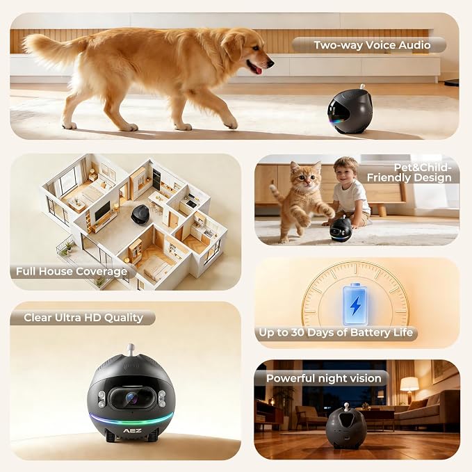 AEZ Robot Camera on Wheels 1080P Dual Lens, Indoor Movable Security Camera