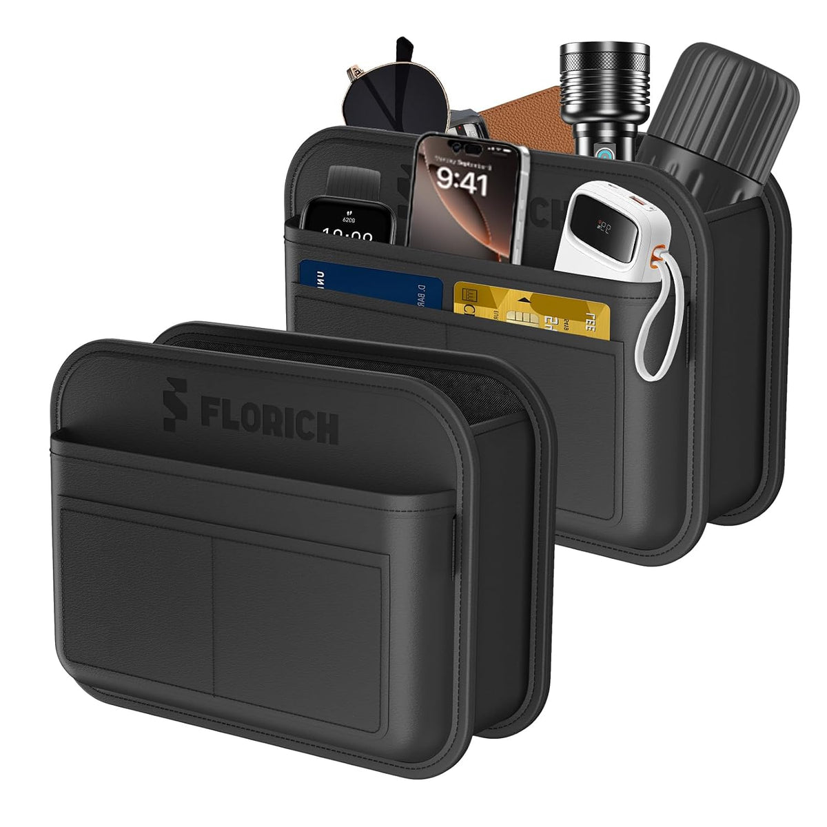 FLORICH Car Door Organizer, Small Leather Foldable Hanging Organizer and Trash Can 2-in-1, Multi-Function Mini Storage Box Garbage Can for Car Back Seats and Side Door - 2Pack