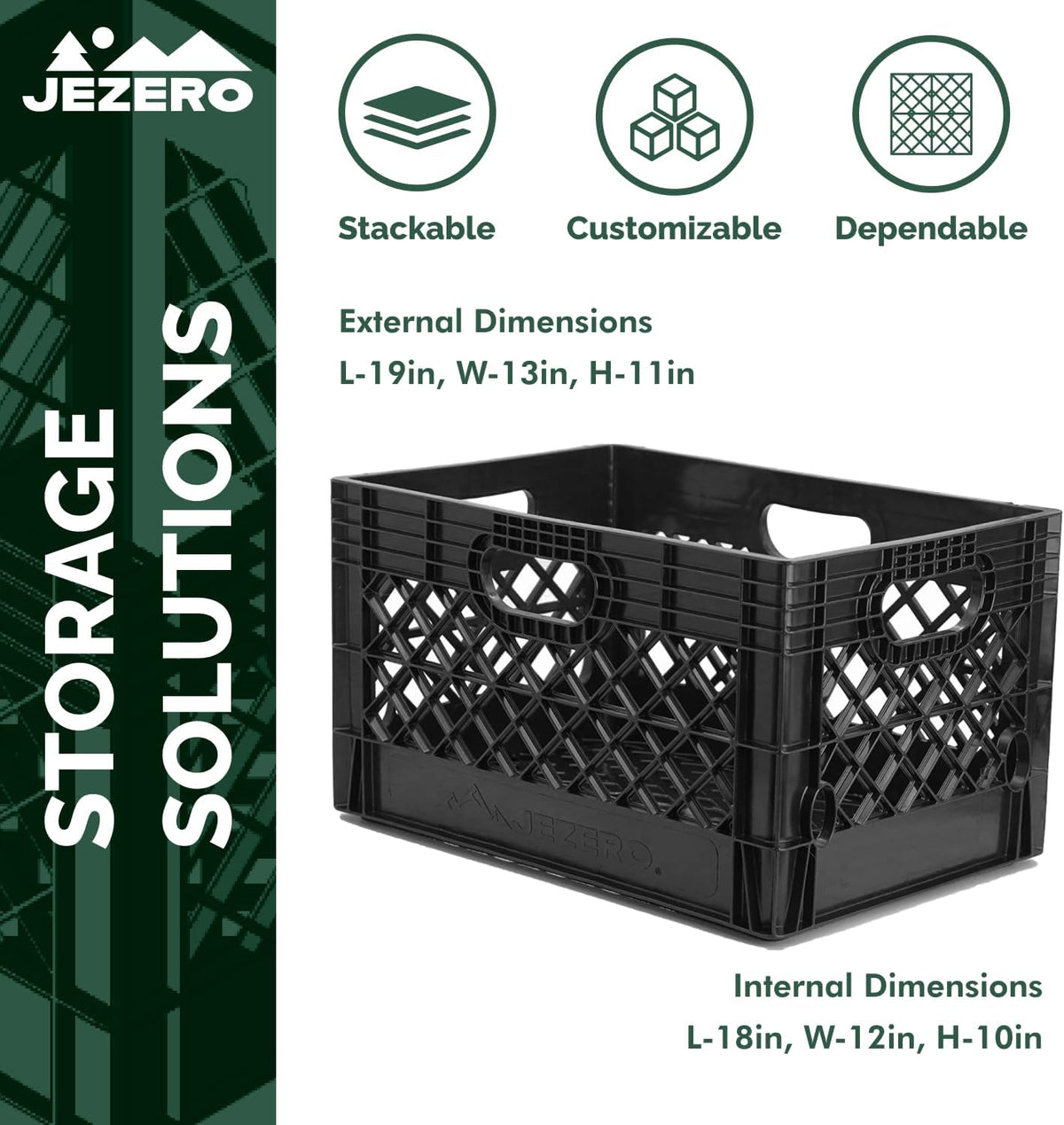 JEZERO 24 Quart Heavy Duty Plastic Crate | Stackable Multi-Purpose Storage Bin for Garage, Home, Office, Groceries, Outdoor, Camping & Kayaking | Black Utility Tote, 19" x 13" x 11"