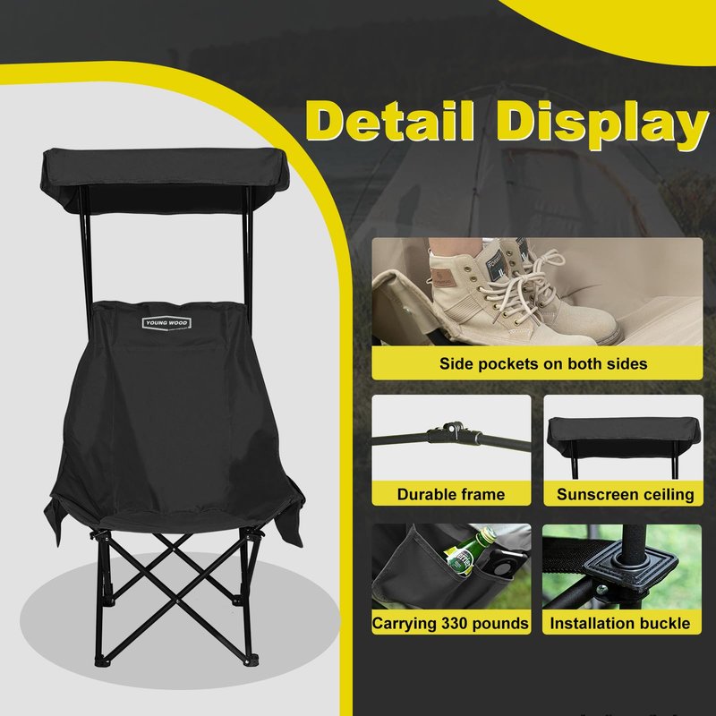 YOUNG WOOD Portable Camping Chair Beach Chair with Shade Canopy, Fold Lightweight Oversized for All, Easy to Open and Close Without Installation, Side Pocket Design for All Outdoor Activities, Black