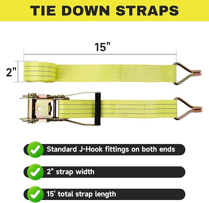 6 Pack 2" x15' Ratchet Strap Tie Down 4500LB J Hook, (Pack of 6) Heavy Duty Tie-Down Ratcheting Cargo Truck Straps Wire Hook Ends, J-Hook Ratchet Strap Tie-Downs