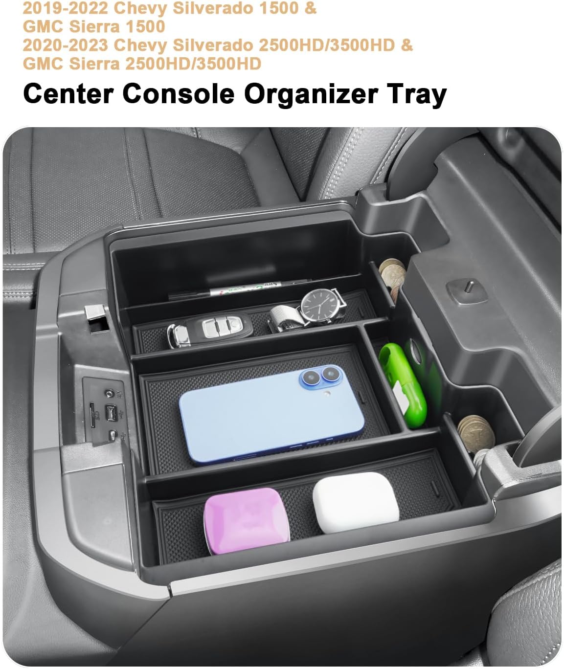 2022 Silverado 1500 Center Console Organizer For 2019-2022 Chevy Silverado 1500/GMC Sierra 1500 & 2020-2023 Silverado/Sierra 2500HD/3500HD Accessories - Only Fit Full Console w/Bucket Seats(Black)