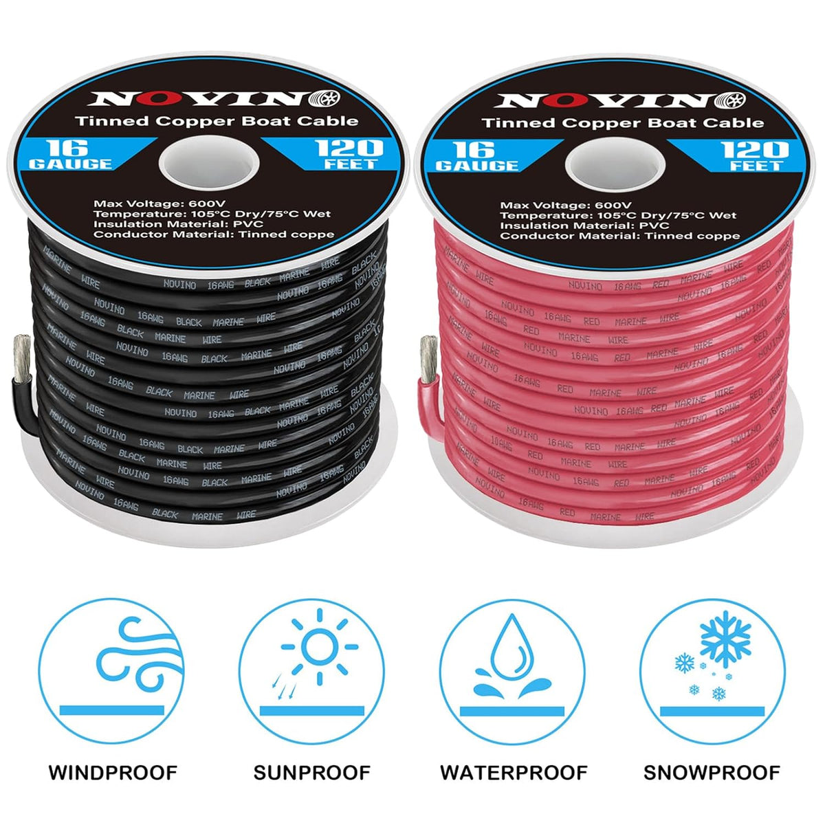 Skiennix 16 Gauge Marine Wire - 16AWG Tinned Copper Electrical Cable | 120FT Red & Black for Boats, RVs, and Solar Applications