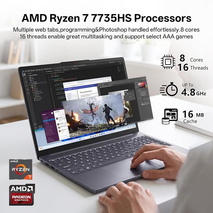 Lenovo IdeaPad Slim 3 15" 2K Laptop, Ryzen 7 7735HS 24GB DDR5, 512GB SSD | AMD Radeon Graphics, Wi-Fi 6, Numeric Keypad, Camera Shutter, Windows 11Pro, Long battery Life, Grey, with PCO Laptop Cooler