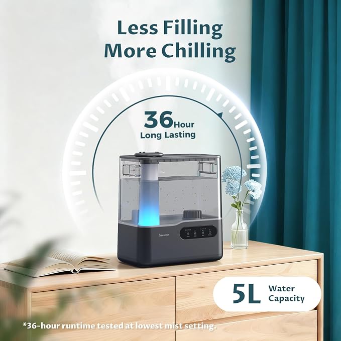 BREEZOME 5L Humidifiers for Bedroom Large Room, 36H Top Fill Cool Mist Humidifier with Essential Oil Tray, 7-Color Mood Light, Timer, Quiet Ultrasonic Humidifier for Home, Baby Nursery, Plants
