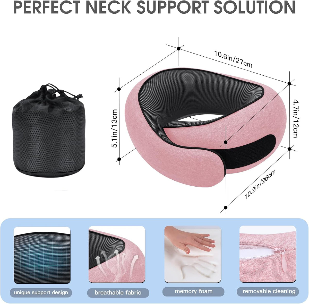 Neck Travel Pillows for Airplanes Memory Foam Neck Comfort Pillow Compact Ergonomic Design Sleeping Essentials for Long Flights Car Rides and Home Use (Pink)