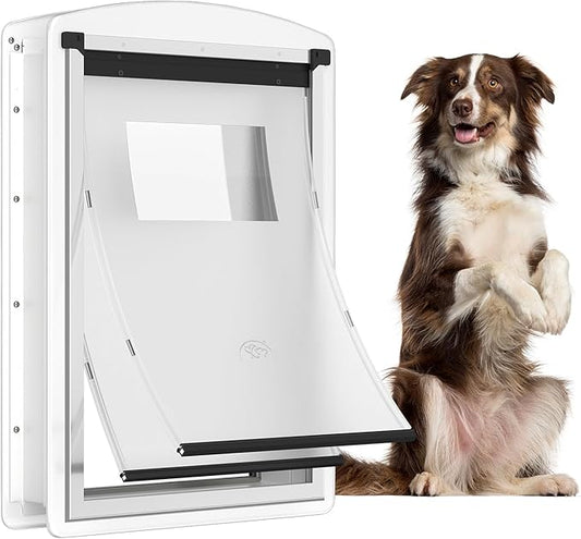 [MAVRICTECH] Large Dog Door for Door，Dog Door for Exterior Door Stainless Steel Frame, Magnetic Double Flap, Easy Install, Closing Panel, Secure, Fits Pets Up to 110lb, Weatherproof, White