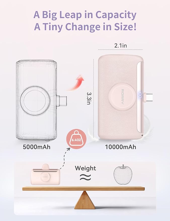 RORRY PalmGo Portable Charger, 10000mAh PD 22.5W Fast Charging Mini Power Bank with Built-in USB C Connector, 3-in-1 Battery Pack for iPhone 17/16/15 Pro/Max, Apple Watch Ultra/11/10/SE, iPad, Purple