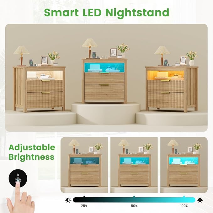 HNEBC Nightstand Set of 2 with Gun Drawer, Nightstands with Hidden Compartment, Larger Wider Bedside Table with Charging Station for Bedroom Dorm, Sofa, Office,Ideal Furniture & Decor-Natural