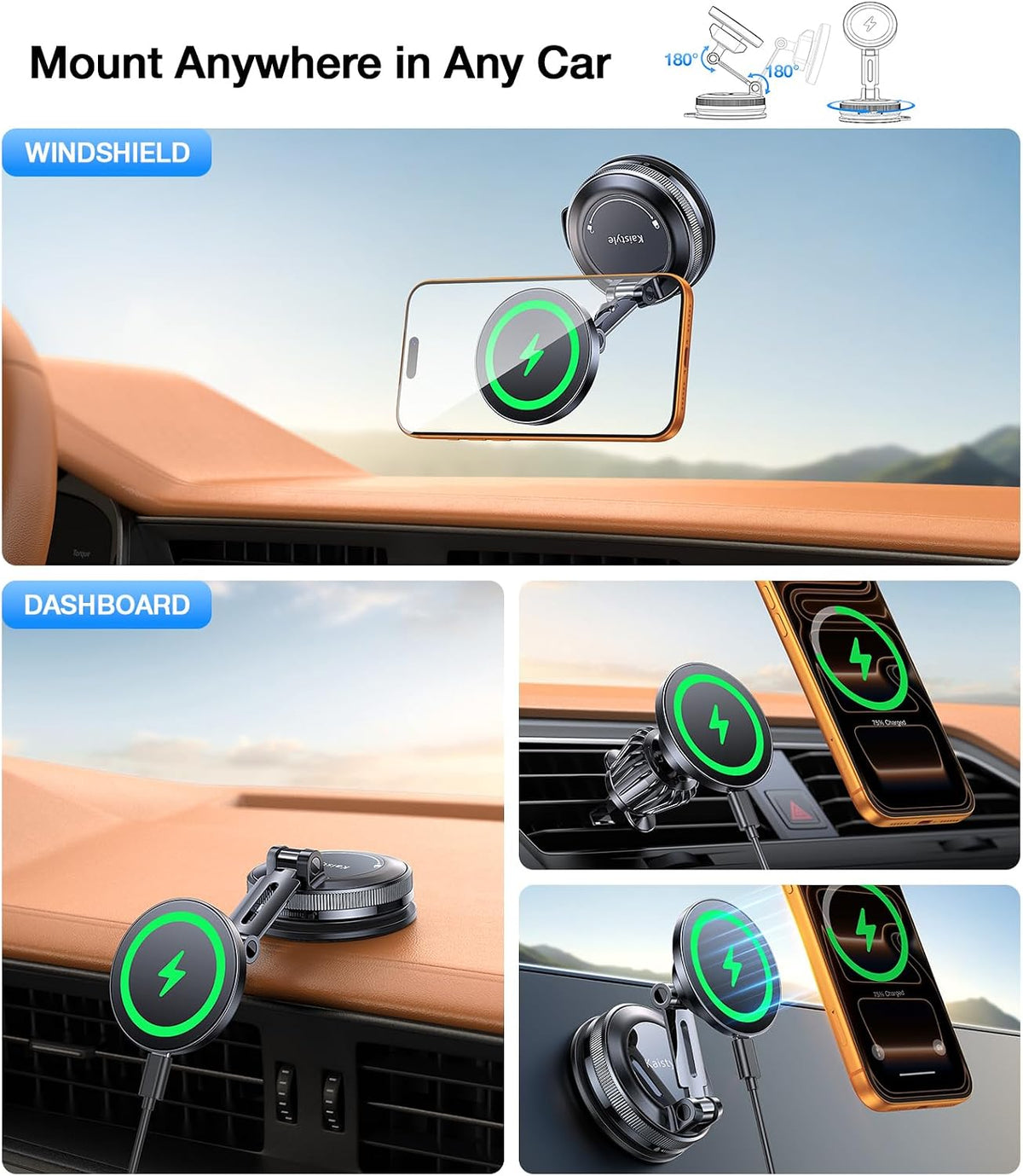 Kaistyle Magsafe Car Mount Charger 15W Faster Magnetic Wireless Car Charger