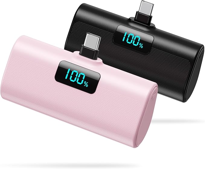 [2-Pack]Portable Charger for iPhone 17/16/15 Series,Upgraded 5200mAh PD USB C Power Bank Built-in USB-C Connector, Battery Pack Compatible with iPhone 17/17 Pro Max/16/15,Samsung,Android (Black+Pink)