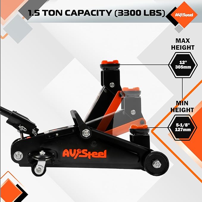 AV Steel Floor Jack 1.5 Ton (3300 lbs), Hydraulic Trolley Jack with Solid Storage Case, Hydraulic Jack for Car with Single Piston Pump, Portable Car Floor Jack with Lifting Range 5-1/8'' to 12''