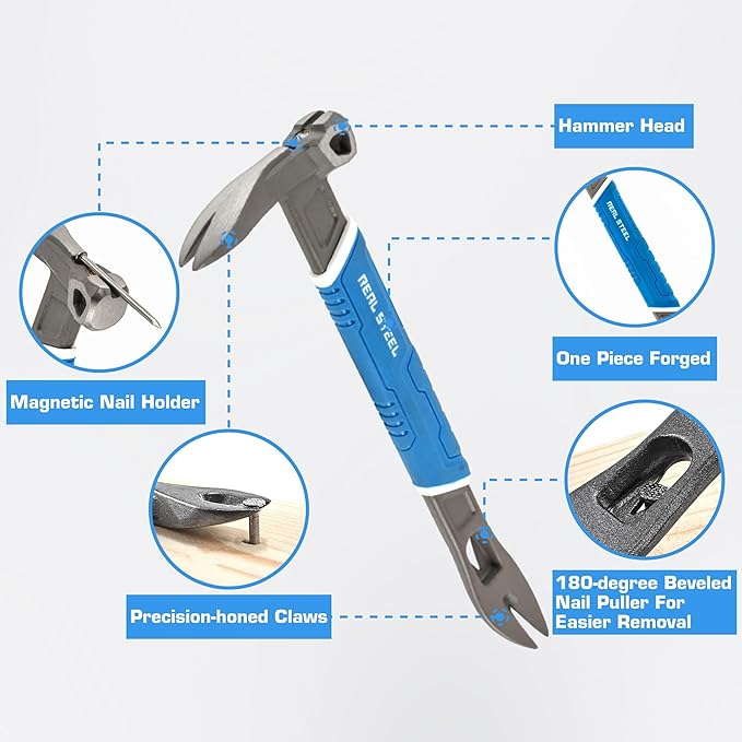 REAL STEEL 10" Nail Puller Cats Paw Pry Bar with Magnetic Hammer Head Crowbar for Nail Removal Prying Baseboard 0692