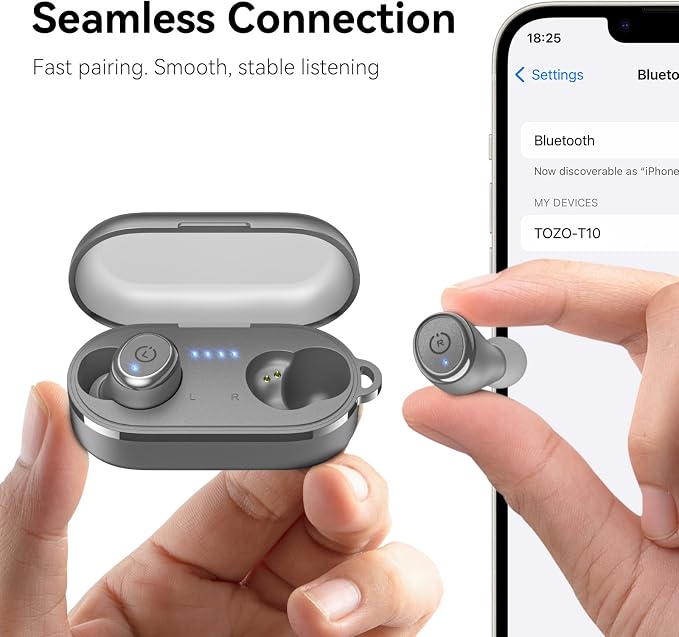TOZO T10 Wireless Earbuds Powerful Bass Stereo Wireless Charging, APP, IPX8 | Waterproof, 55H Playtime, Ergonomic Design In Ear buds, App Customize EQ, Bluetooth 5.3 Headphones for Work, Travel, Gray