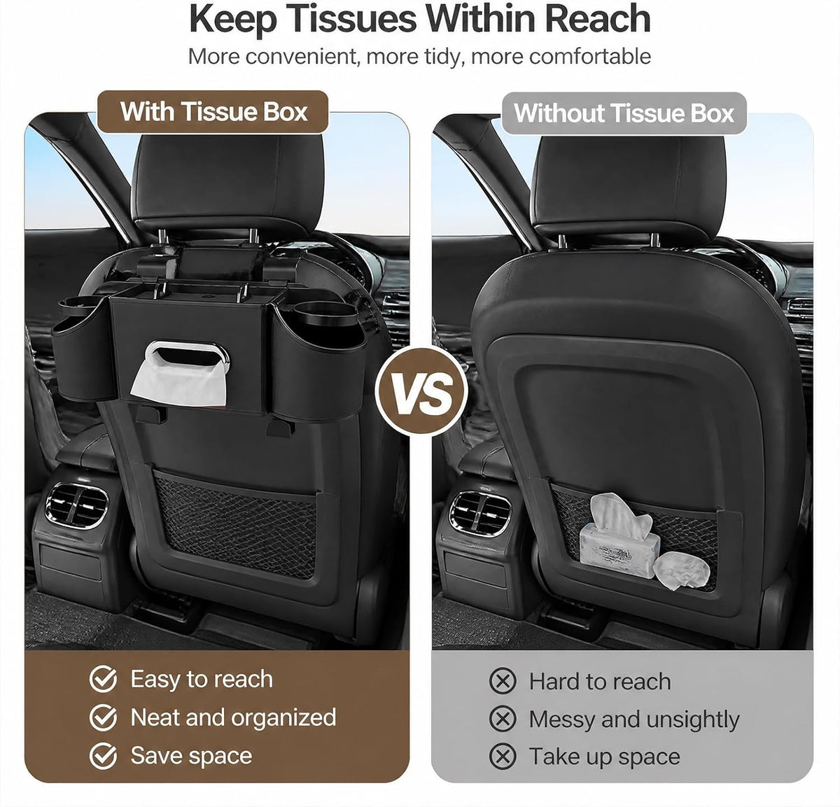 Back Seat Car Organizer, 2 Cup Holders, Tissue Holder, Phone Stand & Hooks