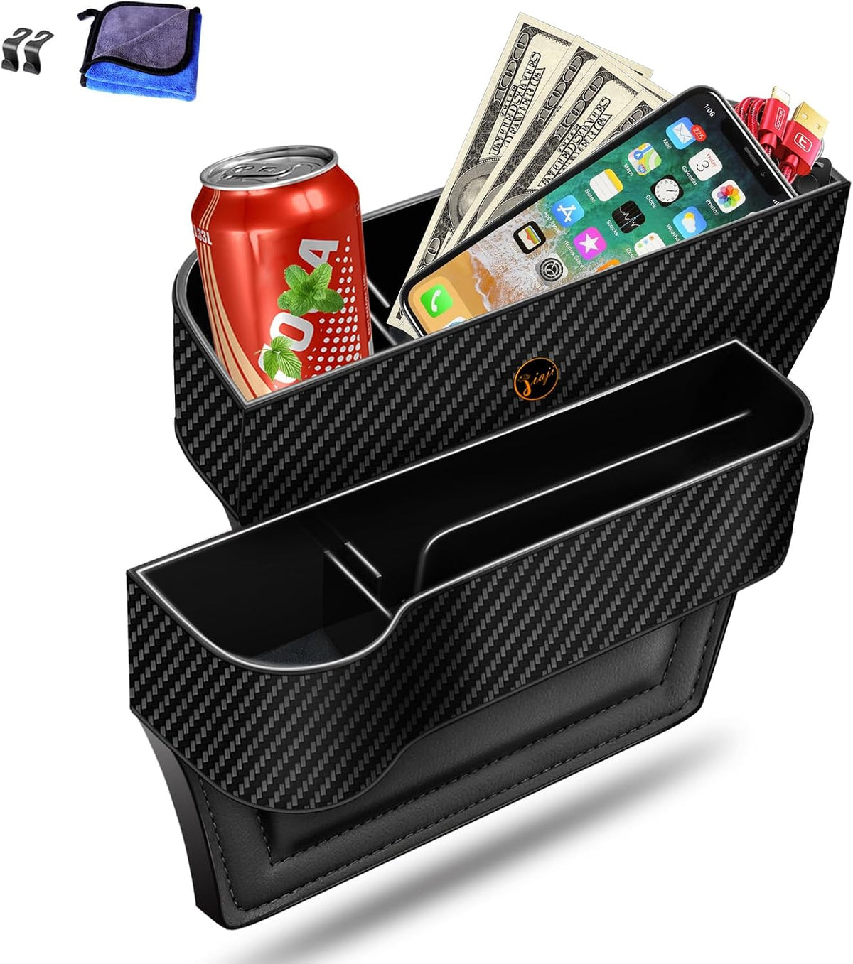 Car Seat Gap Filler Organizer, 2 Pack Multifunctional Auto Console Side Storage Box with Cup Holders 2 Seat Hooks for Drink, Car Organizer Front Seat for Holding Phone, Sunglasses
