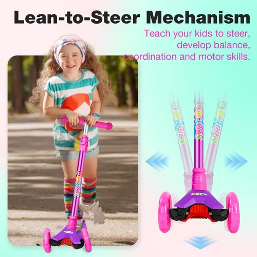 BELEEV Scooters for Kids 3 Wheel Kick Scooter for Toddlers Girls Boys, 4 Adjustable Height, Lean to Steer, Light up Wheels, Extra-Wide Deck, Easy to Assemble for Children Ages 3-12 (Pink Purple)