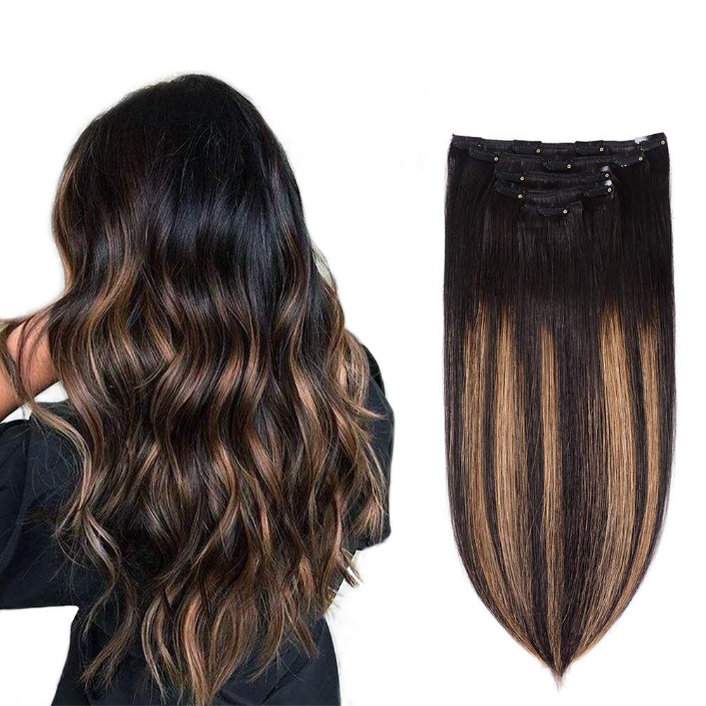 5 Pieces 20'' Remy Clip In Hair Extensions Human Hair Natural Black To Chestnut Brown Highlight Ombre - Silky Straight Short Thi