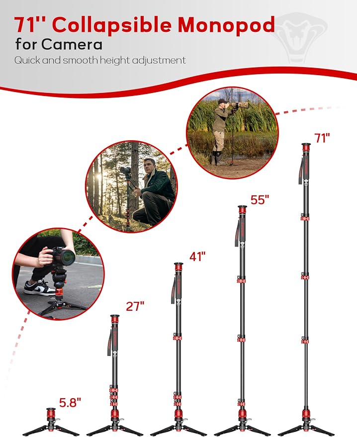 IFOOTAGE Monopod Cobra 3 C180F-P, 1/4'' & 3/8'' Quick Release Compatible