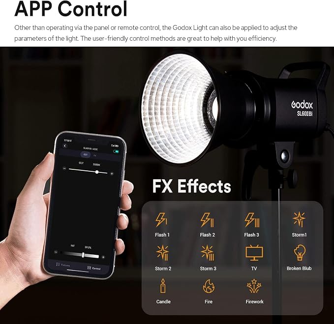 Godox SL60IIBi Bi-Color LED Video Light, 75W 25100Lux@1M CRI 96+ 11 FX Effects